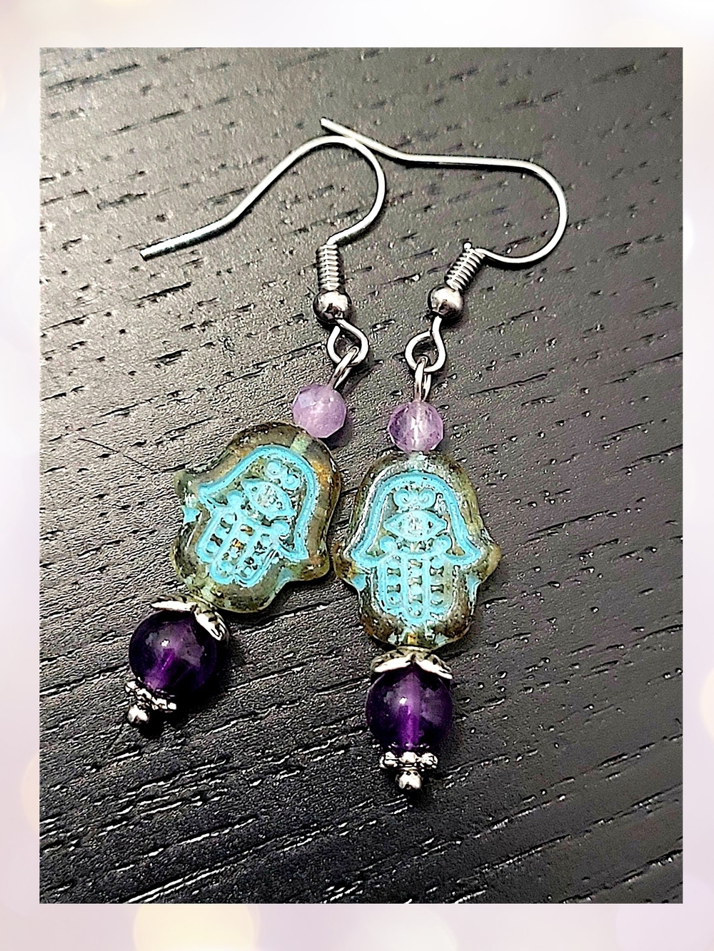 Hand Crafted Turquoise and Purple Czech Glass Hamsa Dangle Amethyst Earrings - Picture 9 of 11